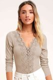 Lace Trim Ribbed Long Sleeve Bodysuit