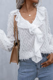 Double Take Ruffle Hem Fringe V-Neck Balloon Sleeve Blouse