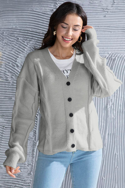 Button Up V-Neck Drop Shoulder Long Sleeve Cardigan