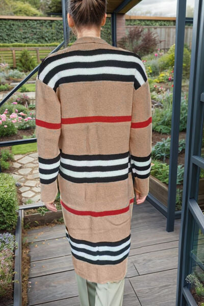 Striped Open Front Long Sleeve Longline Sweater Cardigan