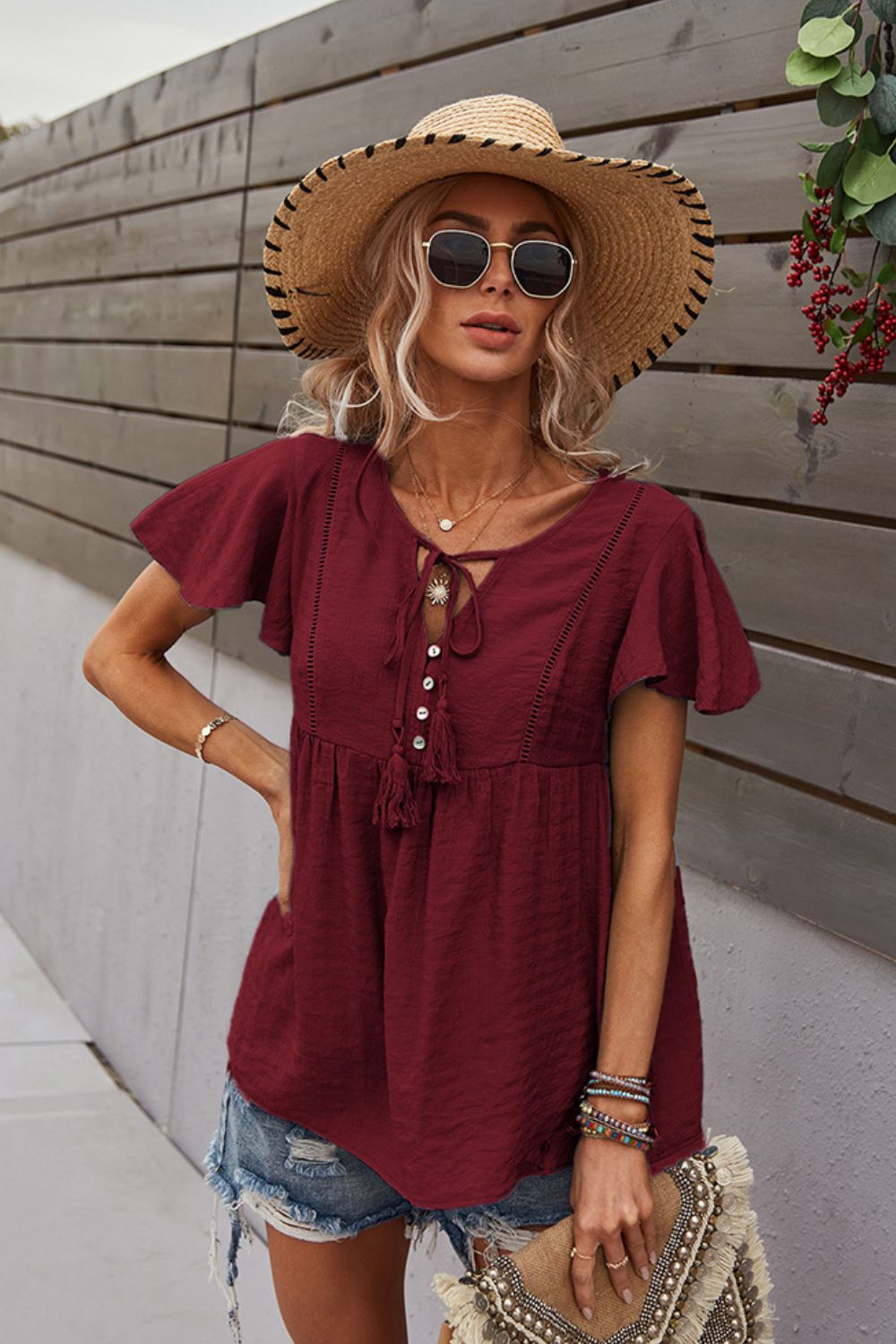 Tie Neck Flutter Sleeve Babydoll Top