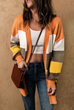 Color Block Lantern Sleeve Open Front Cardigan with Pockets