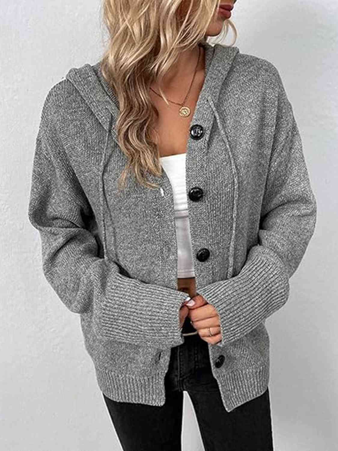 Button Up Drawstring Long Sleeve Hooded Cardigan