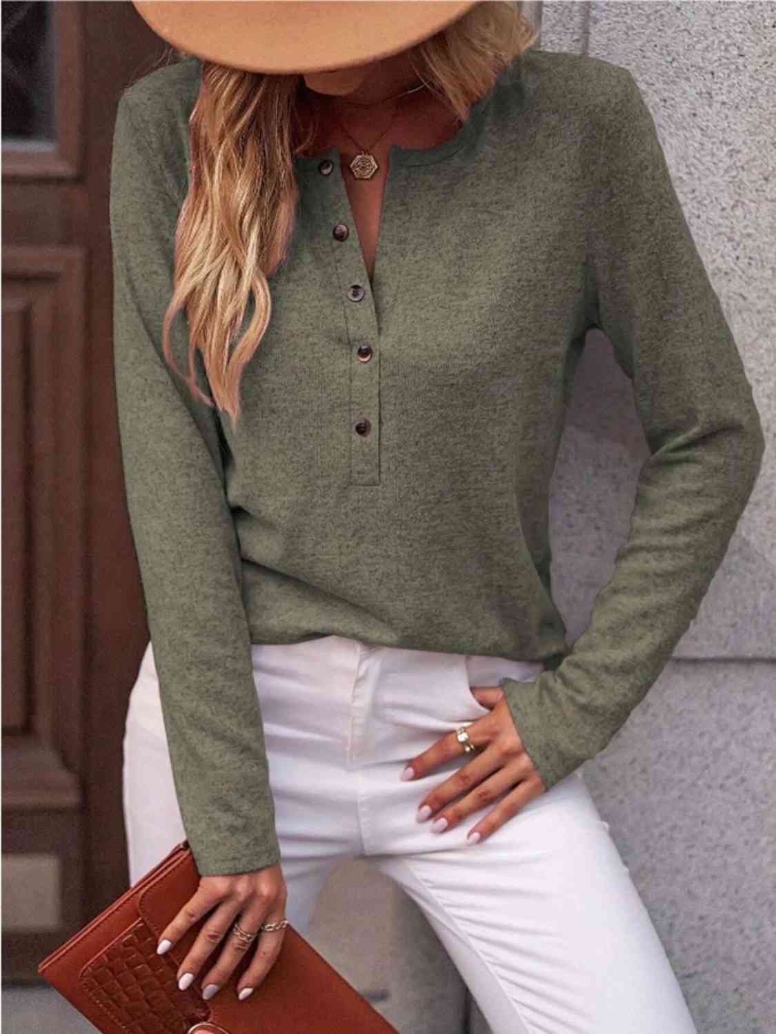 Round Neck Buttoned Long Sleeve T-Shirt