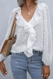 Double Take Ruffle Hem Fringe V-Neck Balloon Sleeve Blouse