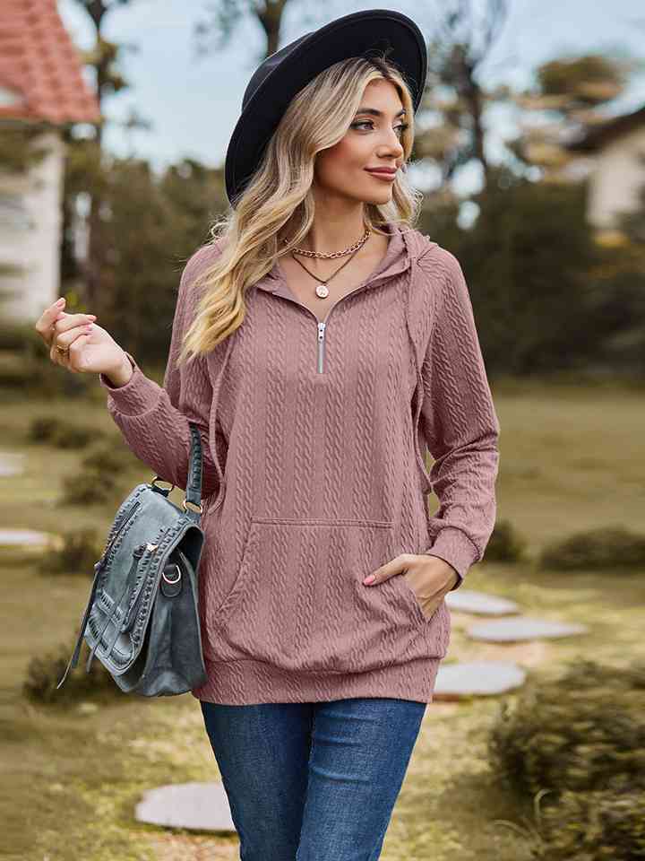 Cable-Knit Zip-Up Hooded Blouse