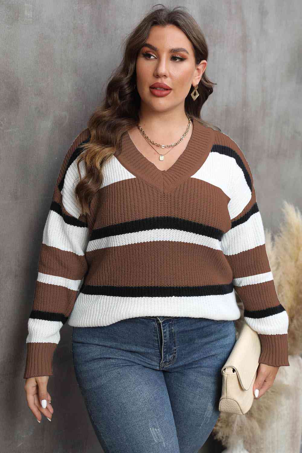 Plus Size Striped V-Neck Dropped Shoulder Sweater