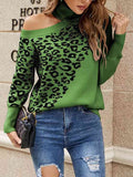 Leopard Turtleneck Cold Shoulder Long Sleeve Sweater