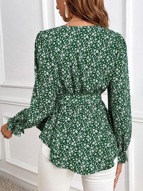 Printed V-Neck Tie Front Flounce Sleeve Blouse