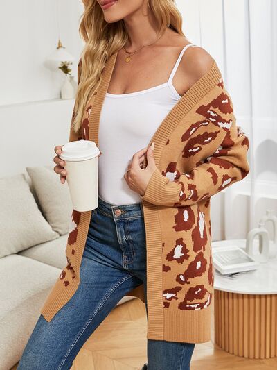 Leopard Open Front Dropped Shoulder Cardigan