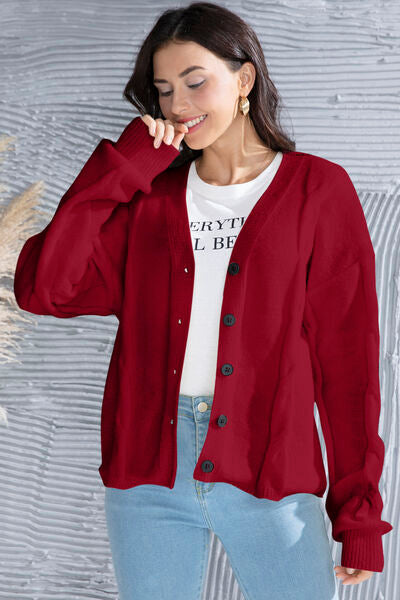 Button Up V-Neck Drop Shoulder Long Sleeve Cardigan