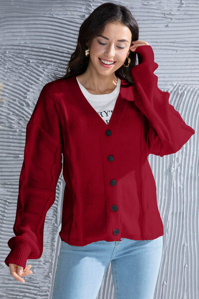 Button Up V-Neck Drop Shoulder Long Sleeve Cardigan