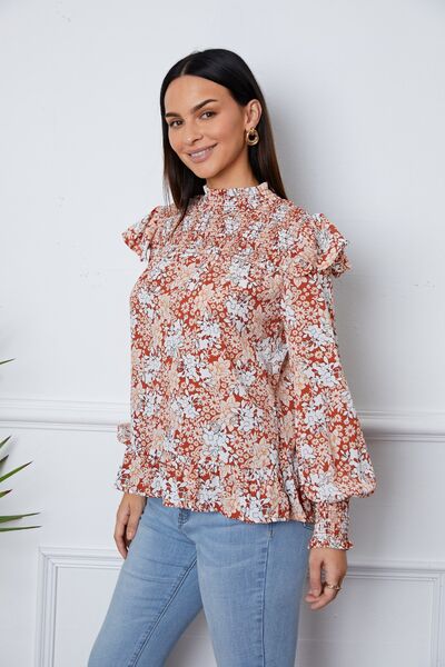 Floral Smocked Lantern Sleeve Ruffled Blouse