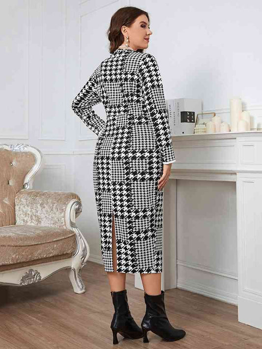 Plus Size Houndstooth Button-Down Long Sleeve Dress