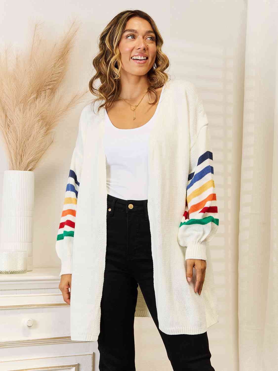 Striped Open Front Dropped Shoulder Cardigan