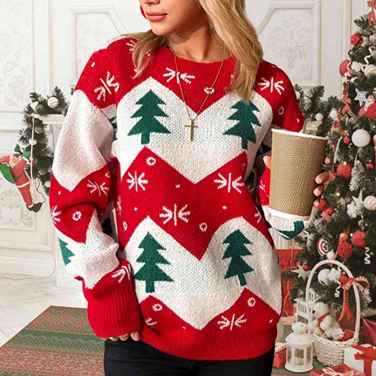 Christmas Tree Print Round Neck Sweater