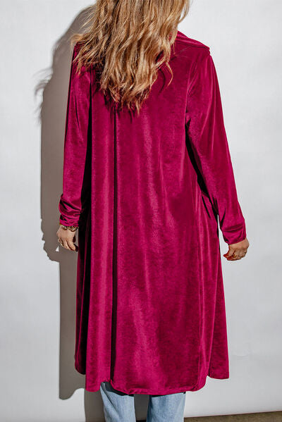 Collared Neck Longline Velvet Cardigan with Pockets