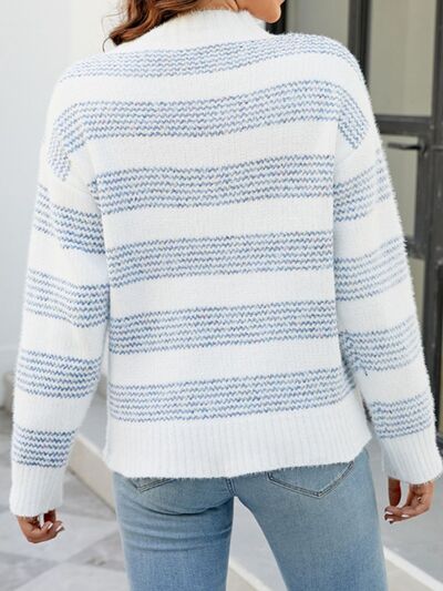 Striped Mock Neck Dropped Shoulder Sweater