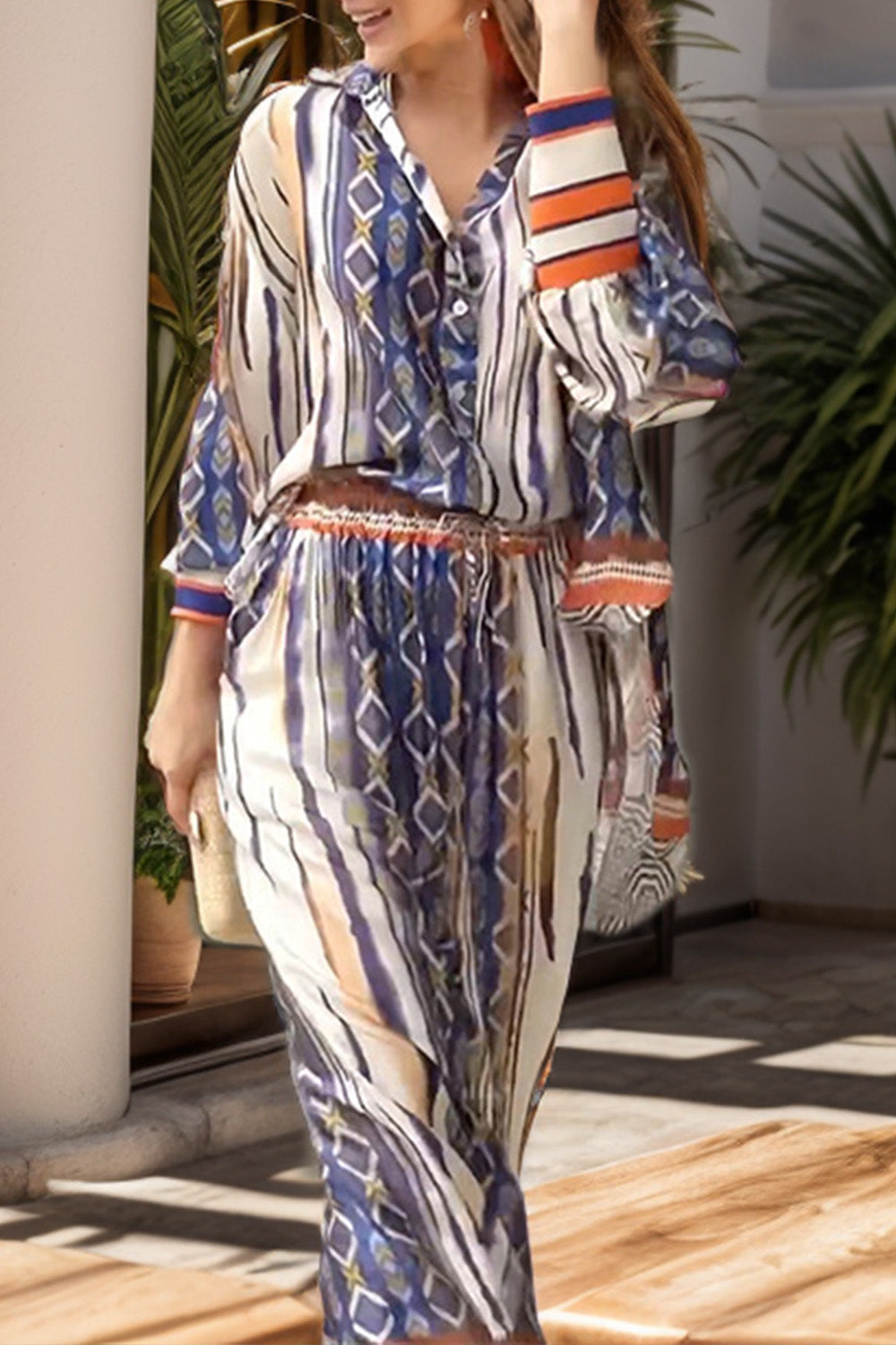 Printed Lantern Sleeve Top and Wide Leg Pants Set