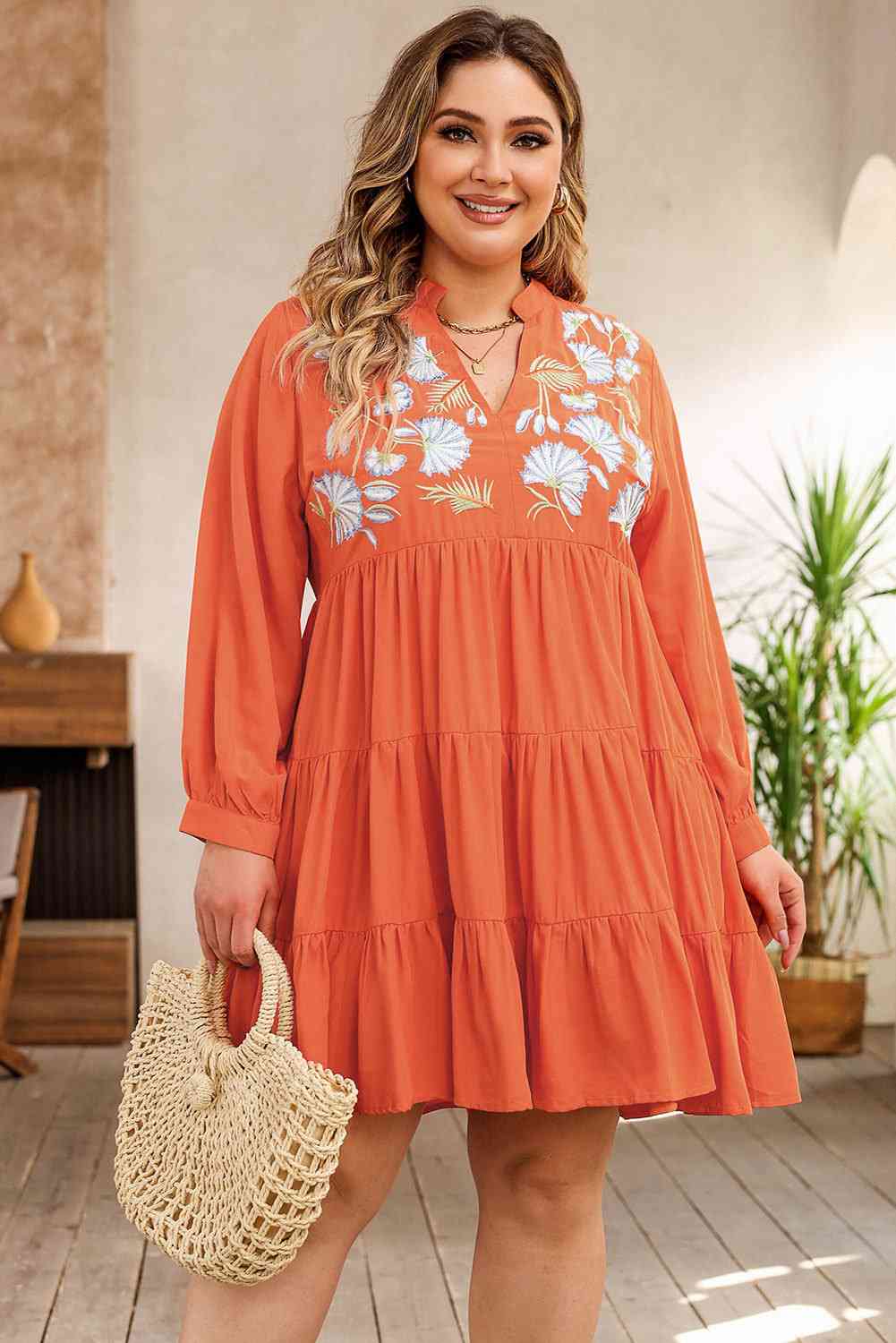 Plus Size Notched Neck Printed Long Sleeve Mini Dress