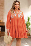 Plus Size Notched Neck Printed Long Sleeve Mini Dress