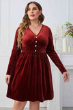 Melo Apparel Plus Size V-Neck Decorative Button Knee Length Dress