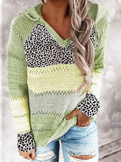 Full Size Openwork Leopard Drawstring Hooded Sweater