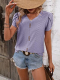 Eyelet V-Neck Petal Sleeve T-Shirt