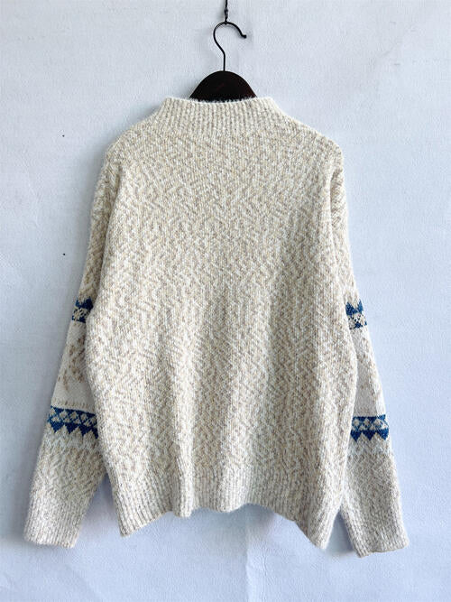 Geometric Mock Neck Dropped Shoulder Sweater