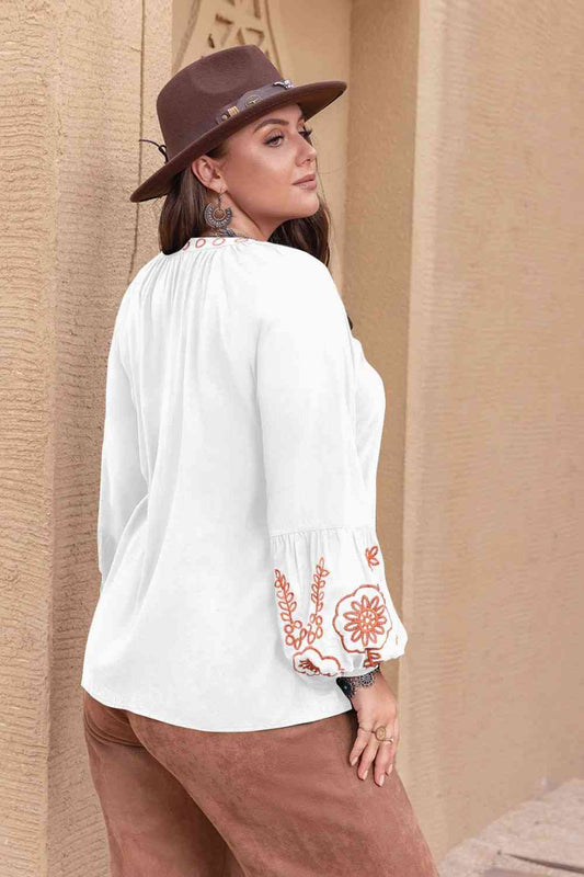 Plus Size Printed V-Neck Long Sleeve Blouse