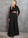 Collared Neck Long Sleeve Top and Wide Leg Pants Set