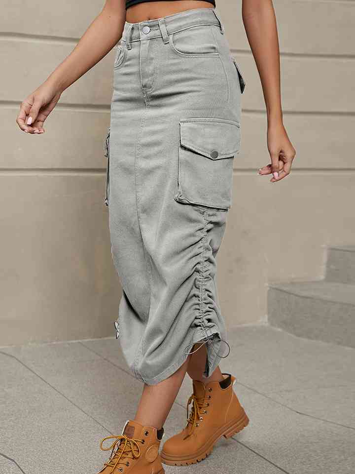 Drawstring Denim Skirt with Pockets