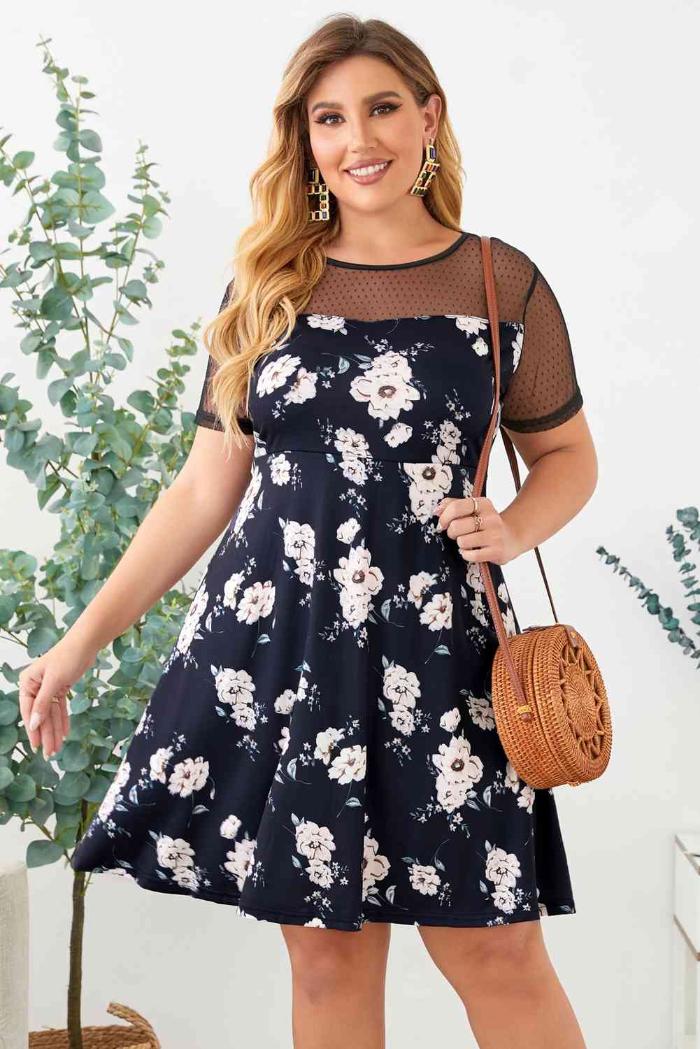 Plus Size Floral Polka Dot Mesh Yoke Dress