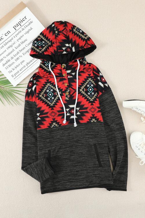 Geometric Long Sleeve Drawstring Hoodie