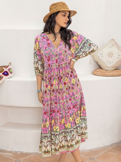 Printed V-Neck Balloon Sleeve Dress