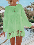 Double Take Openwork Tassel Hem Long Sleeve Knit Cover Up