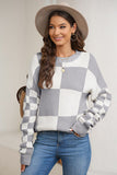 Plaid Round Neck Dropped Shoulder Sweater