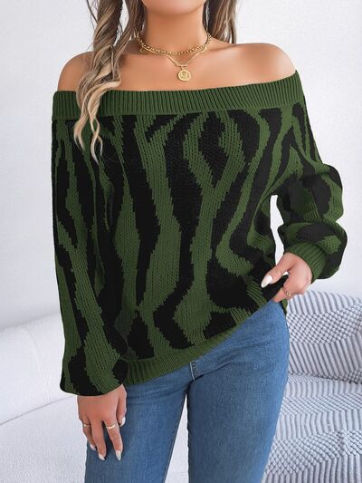 Off-Shoulder Animal Print Long Sleeve Sweater