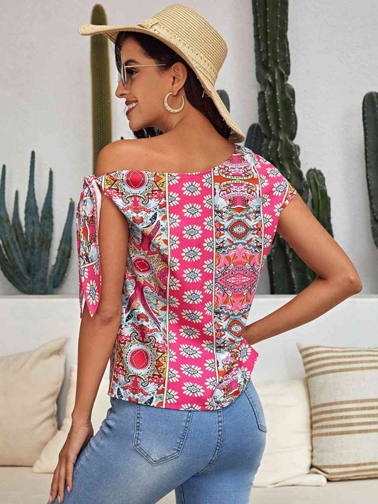 Printed Tied-Shoulder Single Shoulder Top