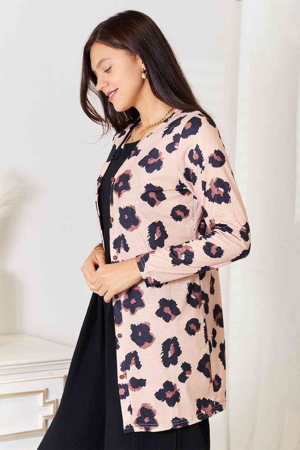 Double Take Printed Button Front Longline Cardigan