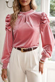 Tie Up Mock Neck Velvet Fabric Long Sleeve Blouse