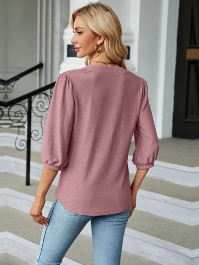 Textured Notched Three-Quarter Sleeve Blouse