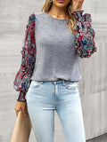 Round Neck Contrasting Color Printed Lantern Sleeve Top