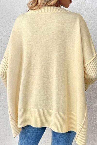 Slit V-Neck Dropped Shoulder Sweater