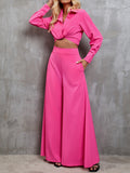 Collared Neck Long Sleeve Top and Wide Leg Pants Set