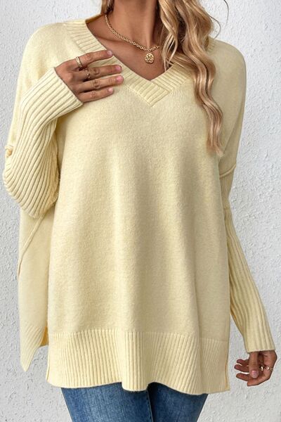 Slit V-Neck Dropped Shoulder Sweater