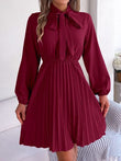 Tie Neck Balloon Sleeve Pleated Dress