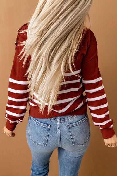 Striped Decorative Button Mock Neck Sweater