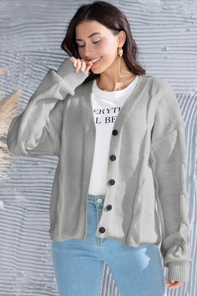 Button Up V-Neck Drop Shoulder Long Sleeve Cardigan