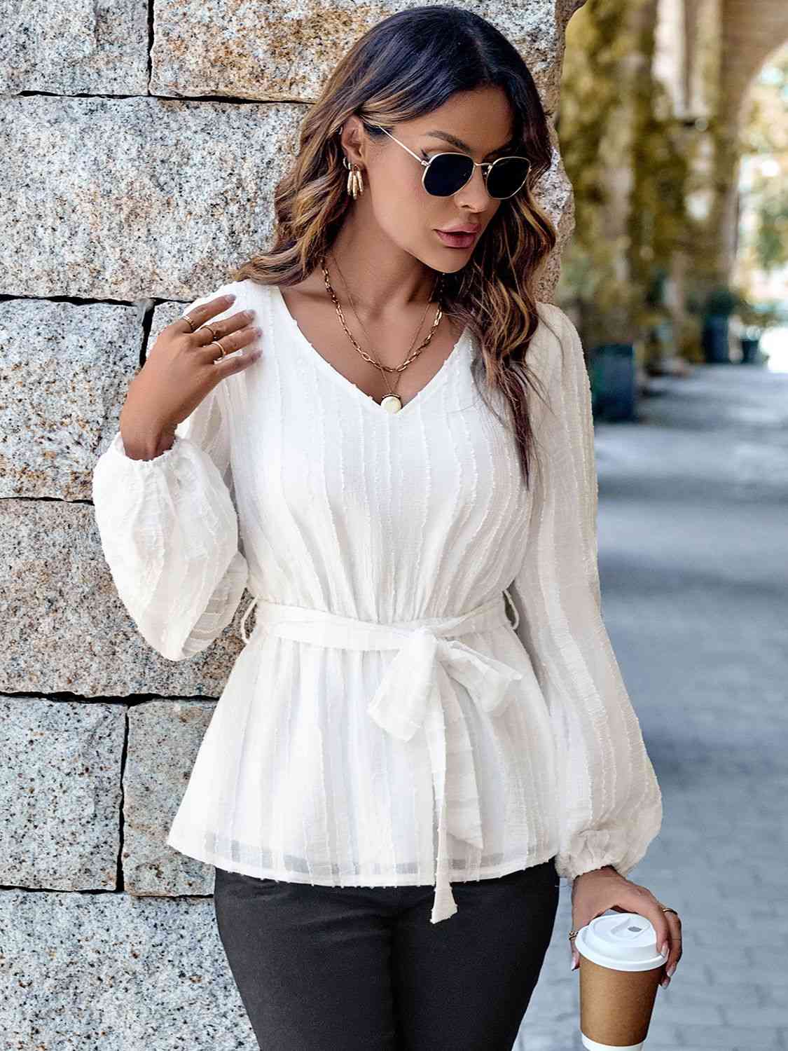 V-Neck Tie Waist Long Sleeve Blouse